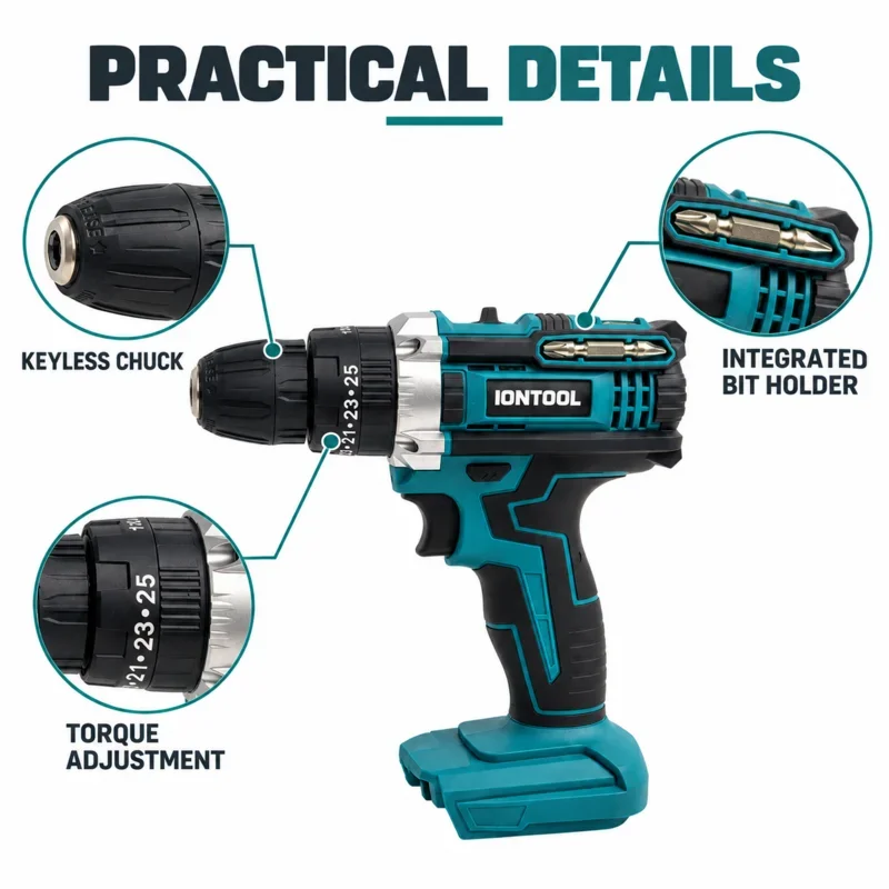 IONTOOL Handheld Cordless Drill Driver 2 Speed Power Tool for Wood Metal Drilling Home DIY and Equipment Installation