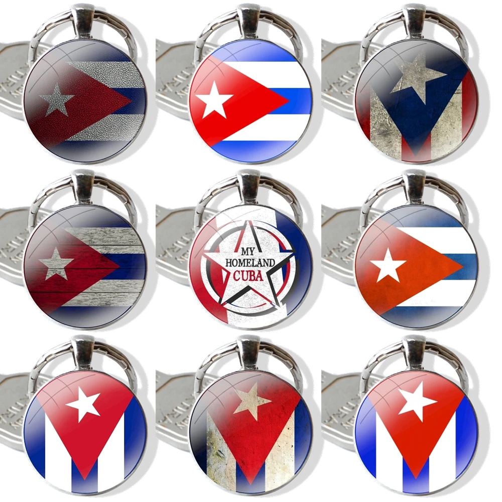 Keychain Handmade Glass Cabochon Key Ring Holder Pendant Key Chains Cartoon Creative Fashion Design Cuban Cuba Flag