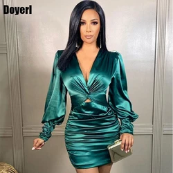 Mini Ruffle Party Dress Women Elegant Long Sleeve Club Sexy Bodycon Dress for Women Christmas Green Satin Short Evening Dress