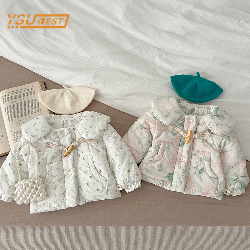 

Winter Toddler Baby Girls Thickened Cotton-padded Clothes New Kids Baby Girls Long Sleeves Flower Print Cardigan Coat