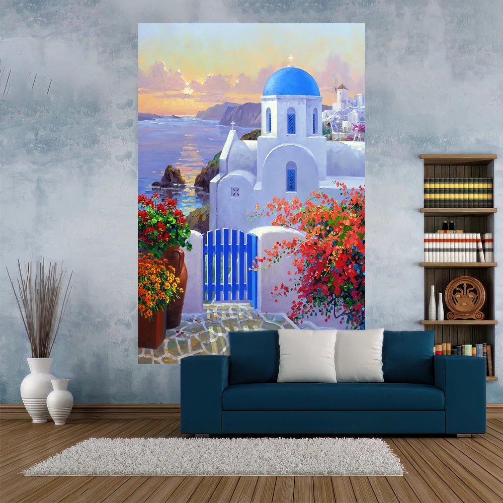 Landscape Tapestry Santorini Oil Painting Printed Flag 4 Holes Large Fabric Wall Hanging Blanket Home Decoration Dorm Background