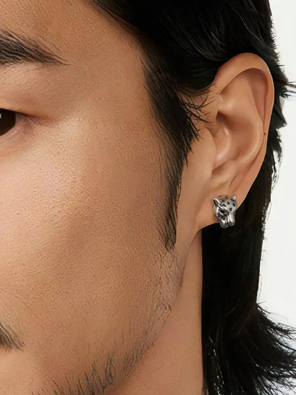 Yuki 925 Sterling Silver Stud Earrings for Men Leopard Head Design Sleepwear Fashion Jewelry Ear Cuff No Removal Needed