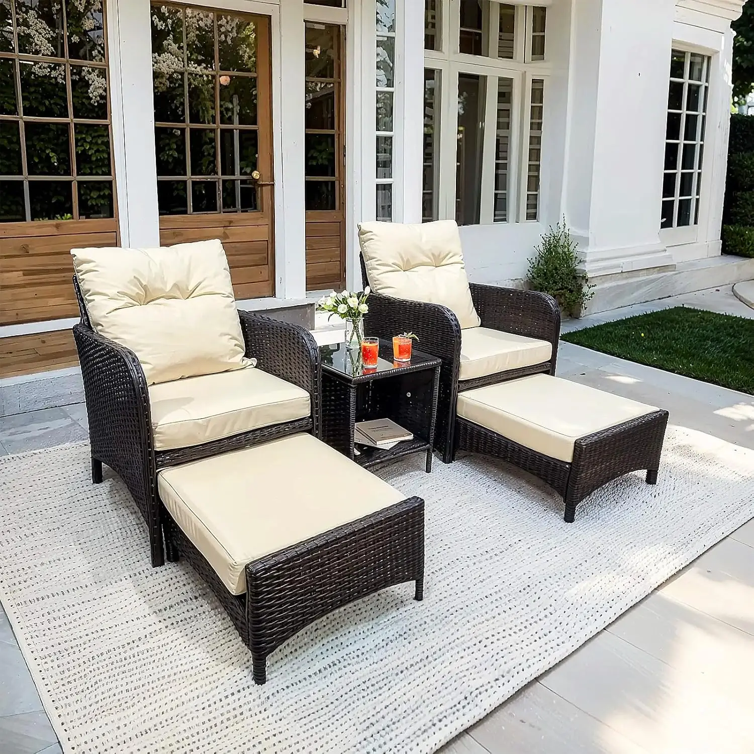 5 Pieces Wicker Outdoor Patio Chairs with Hidden Ottomans, Patio Furniture Set with Soft Cushions and Coffee Table