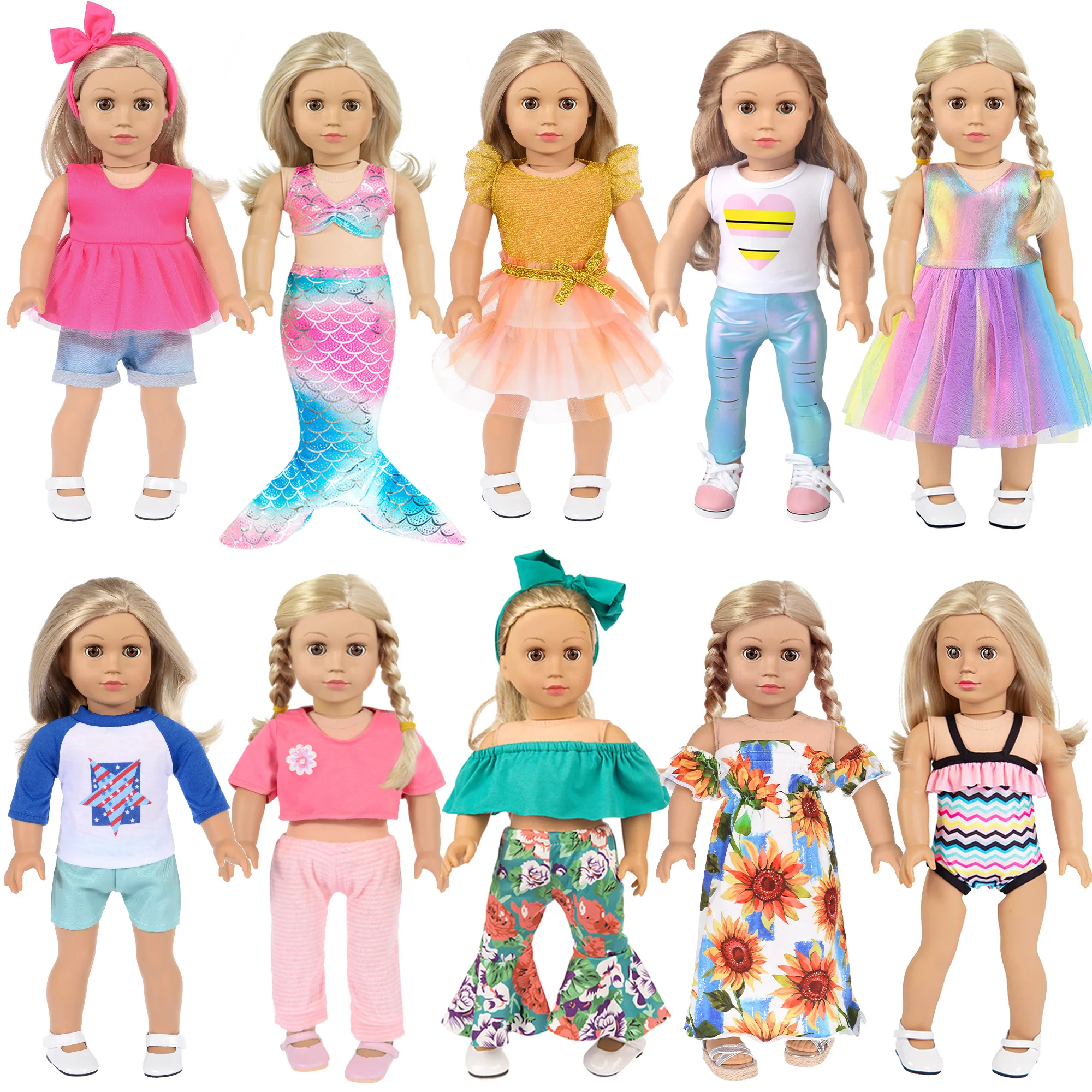 18 inch Doll Clothes and Accessories Including Mermaid Costume, Stylish Casual Outfit, Swimwear Fit for 18 Inch Dolls (No Doll)