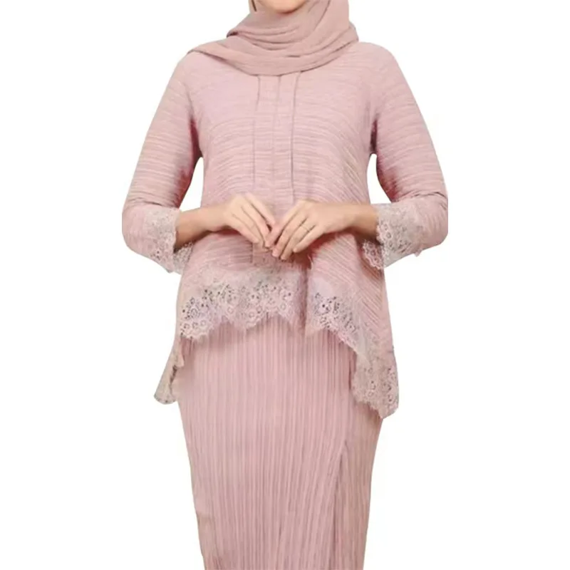 Muslim Tops Skirts Set For Ramadan Islam Dubai 3/4 Sleeves Tops Skirts Pleated Loose Set For Women Two Pieces Female Turkey Suit