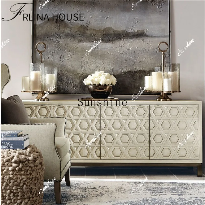 

American rural solid wood TV high style post modern light luxury carved living room storage cabinet FT