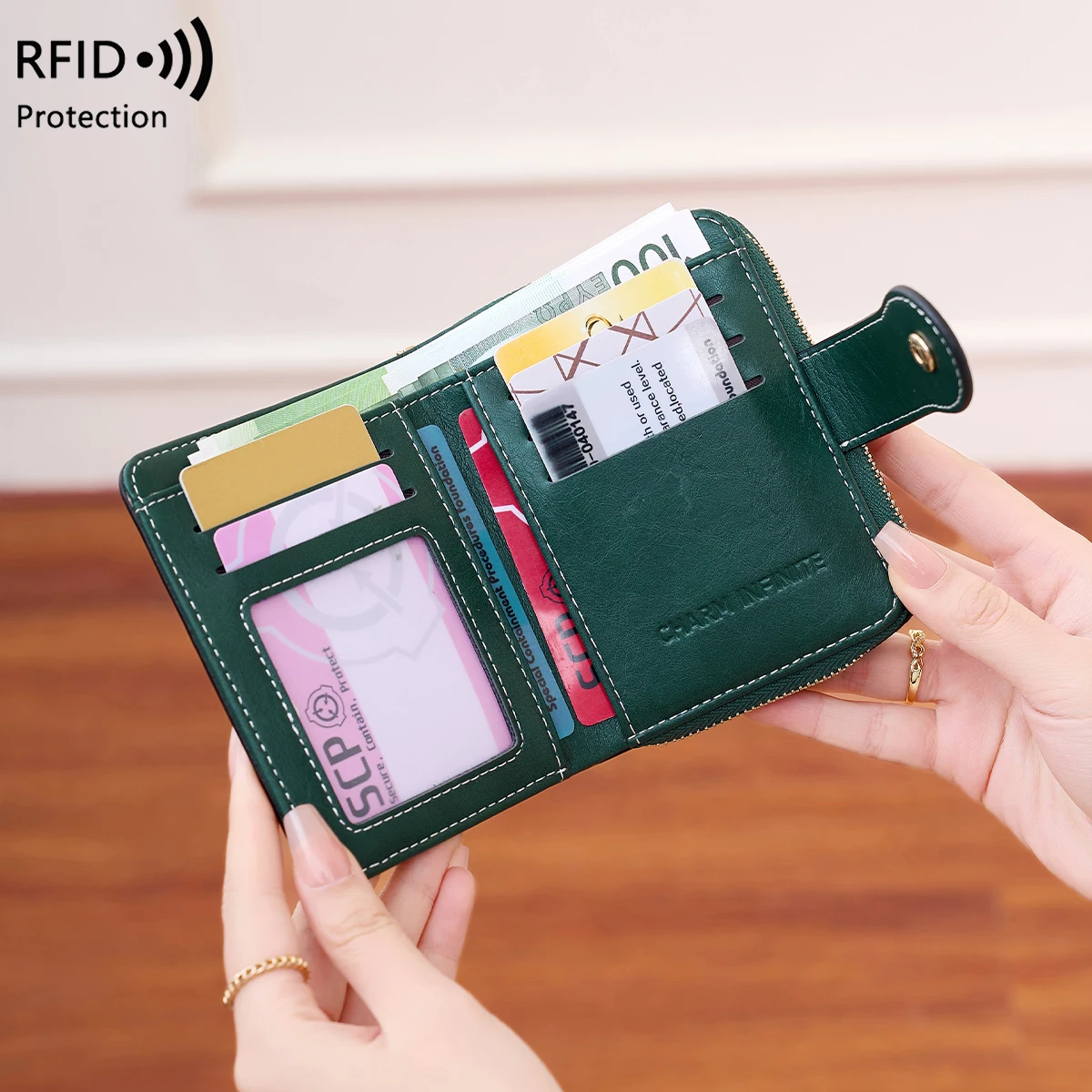 Women\'s RFID Blocking Wallet Multi-Card Holder Zipper Buckle Short Money Clip Retro Coin Wallet Functional Design
