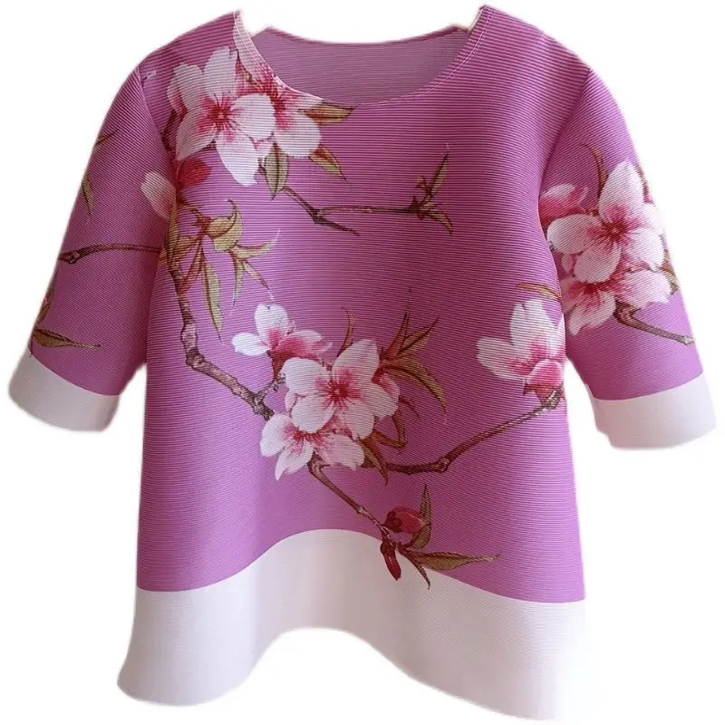 Chinese style printed pleated top for women Korean style women's clothes 2023 Elegant woman t-shirts  tops