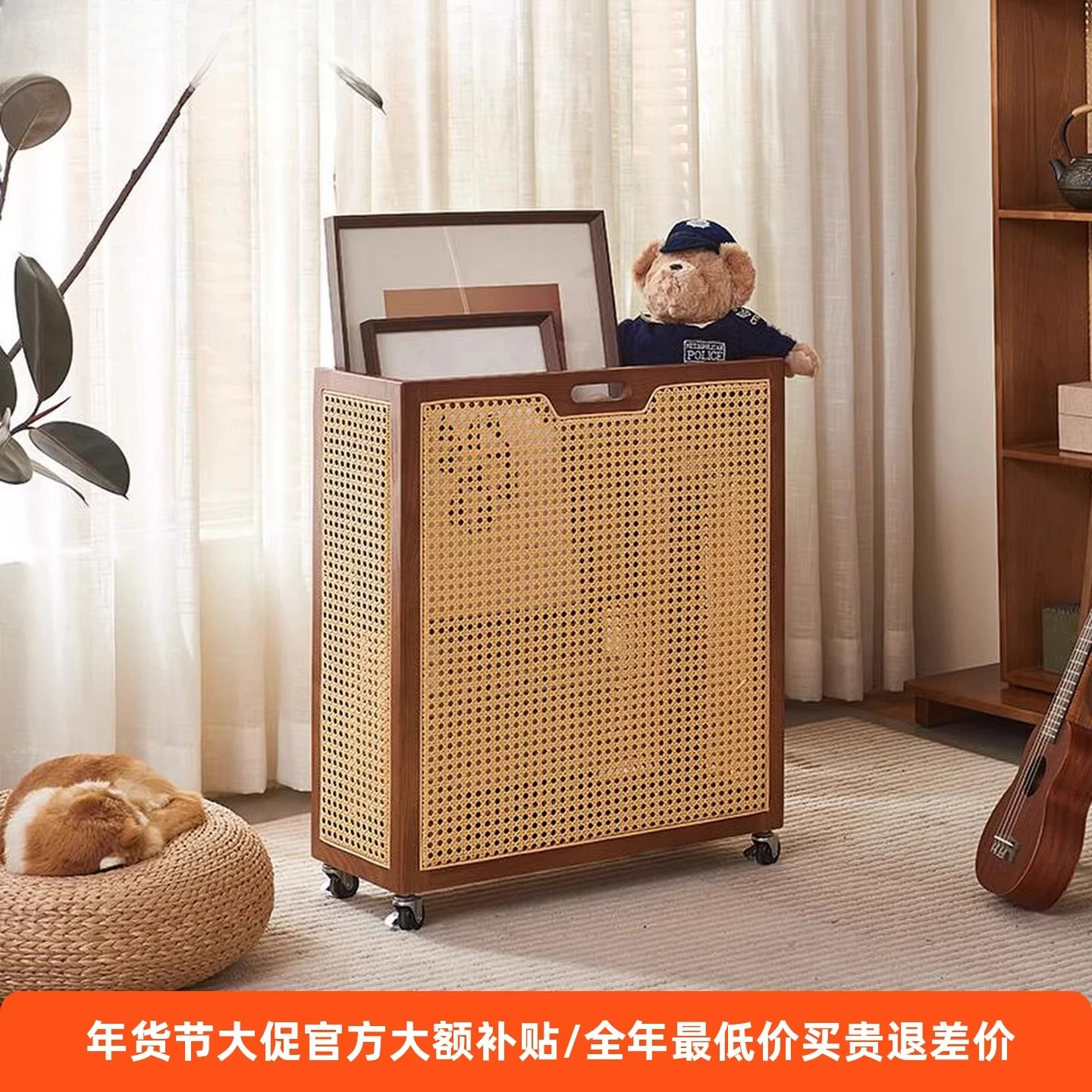 Solid wood rattan storage box badminton racket yoga mat fitness equipment storage basket movable belt wheel