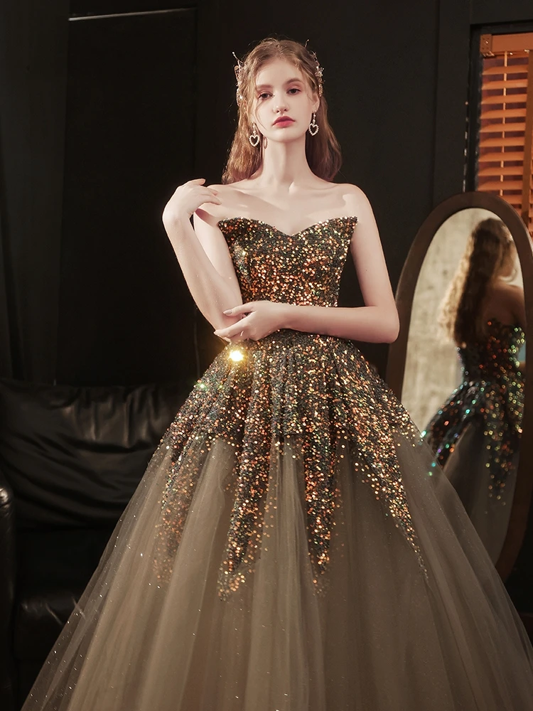 Senior Brown Shiny Celebrity Dresses Strapless Off The Shoulder Sequin Tulle Ball Gowns Light Luxury Formal Evening Prom 2023