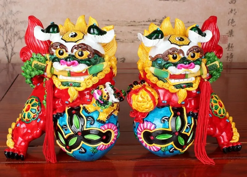 

Pair Wucai Pottery Porcelain Handmade Lion Evil Guardian Door Fu Foo Dog Statue