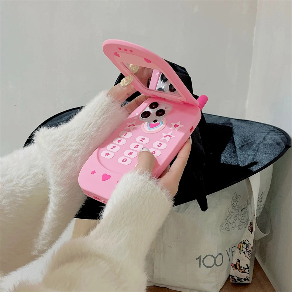 Korean Cute 3D Pink Cellphone Model Flip Mirror Silicone Phone Case For iPhone 15 14 13 12 Pro Max 11 Bumper Soft Cover Gift