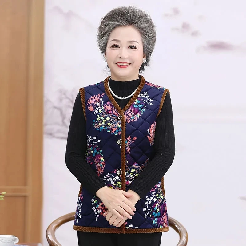 5XL Middle-aged Mother Vest Autumn Winter New Printed Fleece Vest Coat Female Sleeveless Jacket Grandma Thicken Warm Waistcoat