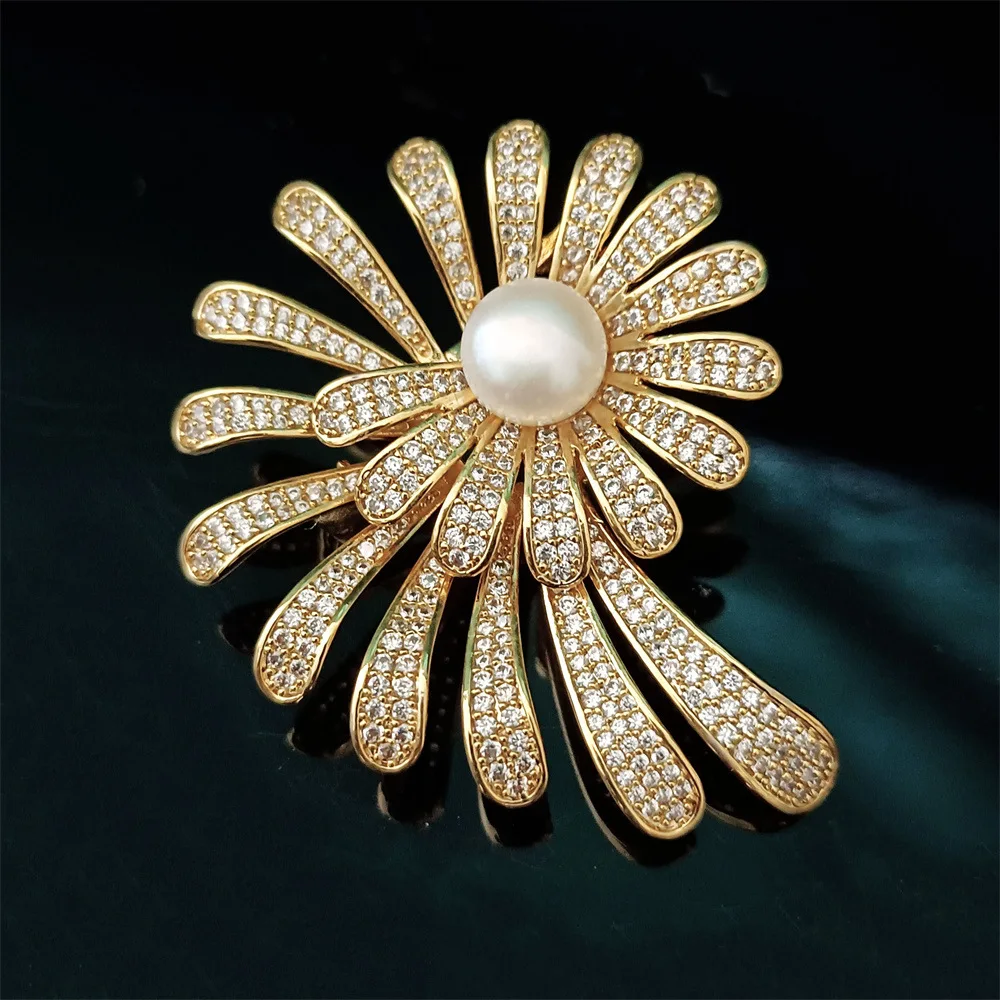 

Luxury AAA Zircon Gorgeous Fireworks Brooch Female Exquisite Freshwater Pearl Flower Pin and Brooches for Woman's Accessories