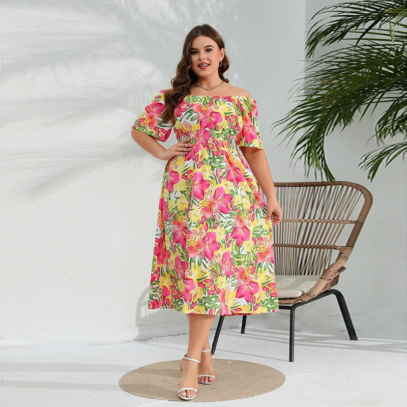 

Cross-border new arrival plus size western style off-neck dress elegant floral midi dress waist-tight fat sisterdress abaya