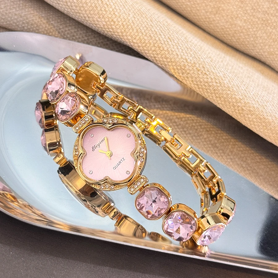 Large Colorful Rhinestone Classic Four-leaf Clover Shaped Watch Case Ladies Quartz Watch Elegant Fashion Accessory