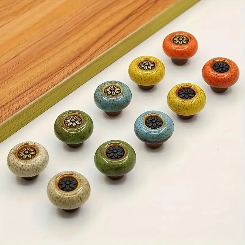2Pcs Colored Ceramic Cabinet Knobs Leopard Glass Round Single Hole Pulls with Mounting Hardware for Closets