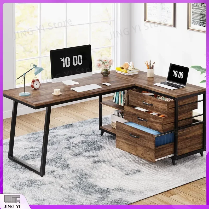 L Shaped Computer Desk with 3 Drawers Reversible Corner Office Desk with Shelves Industrial PC Desk 53 Inch Workstation Study