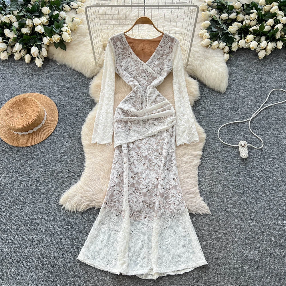 Chic vintage V-neck pleated lace long sleeve slim Elegant Fairy korean fashion women clothing Long dress