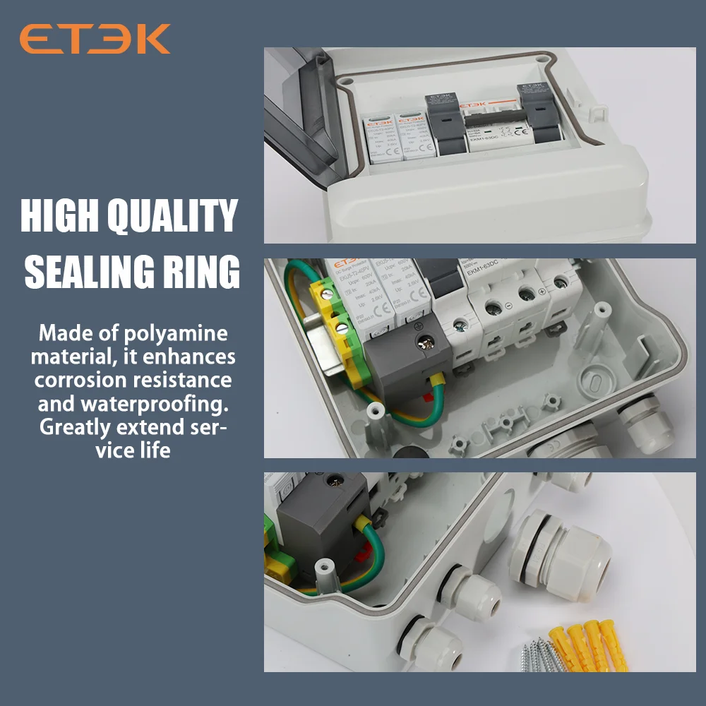 ETEK-PV Caixa Combinadora Impermeável, 500V, 1 String Input, 1 String Output, Proteção Contra Raios, Solar Fotovoltaica, DC, IP65