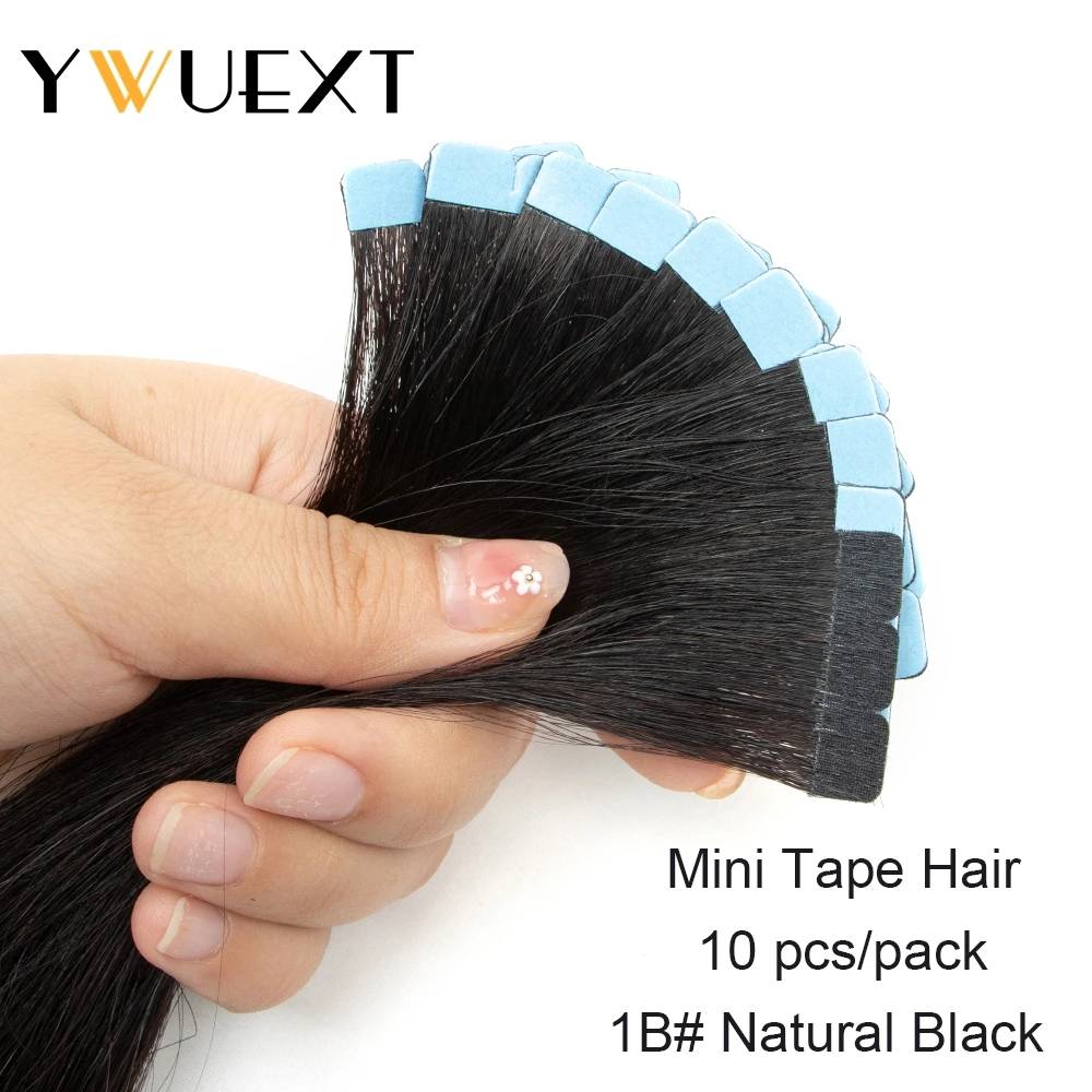 YWUEXT Mini Tape in Human Hair Extensions Straight Natural Black 1B# Machine Made Remy Hair 10pcs/pack Invisible Tape Hair