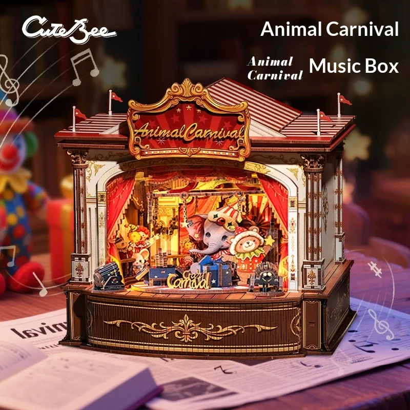CuteBee Animal Carnival Music Box Diy Assembled Building Blocks Miniature Model House Eco Friendly Wood Led Christmas Gift