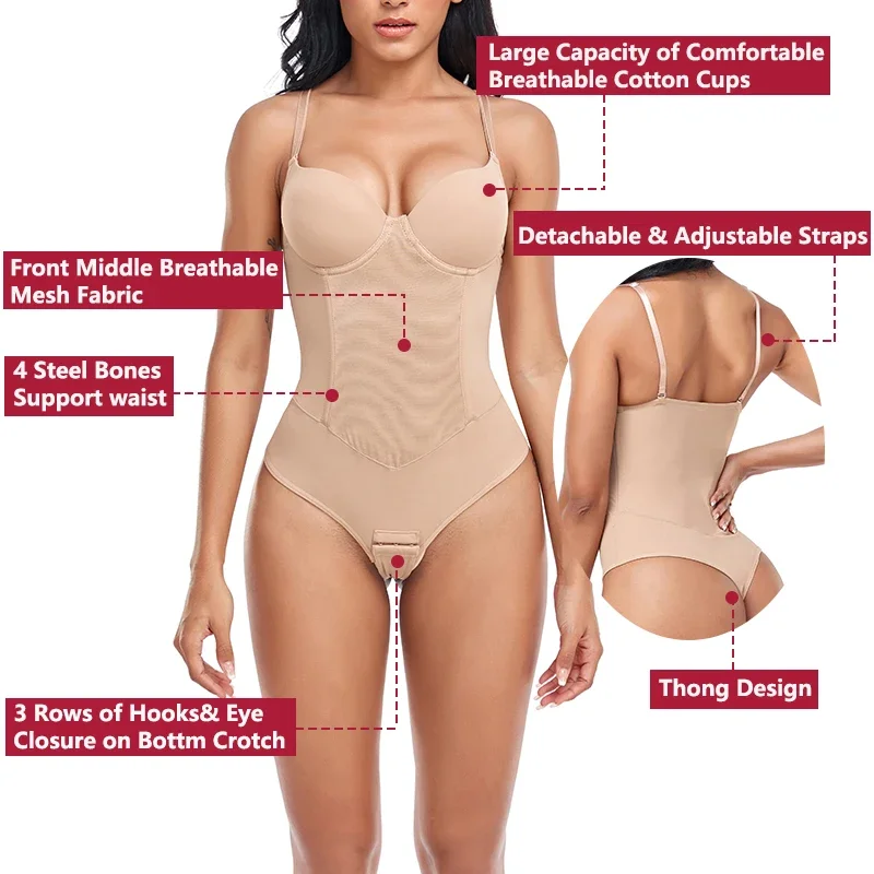 Built-in Bra Thongs Bodysuit Women Shapewear Tummy Control Body Shaper with 4 Bones Slimming Underwear Mesh Corset Sexy faja