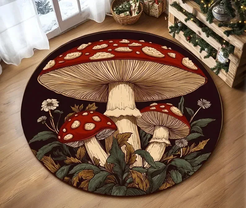 Mushroom Pattern Round Rug – Non-Slip Vintage Floor Mat for Living Room, Bedroom & Kitchen Decor