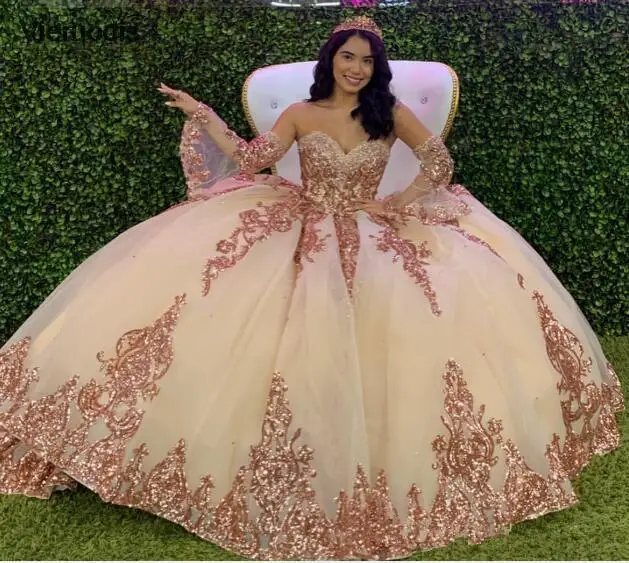

Rose Gold Sparkly Quinceanera Prom Dresses 2020 Modern Sweetheart Lace Applique Sequins Ball Gown Tulle Party Sweet 16