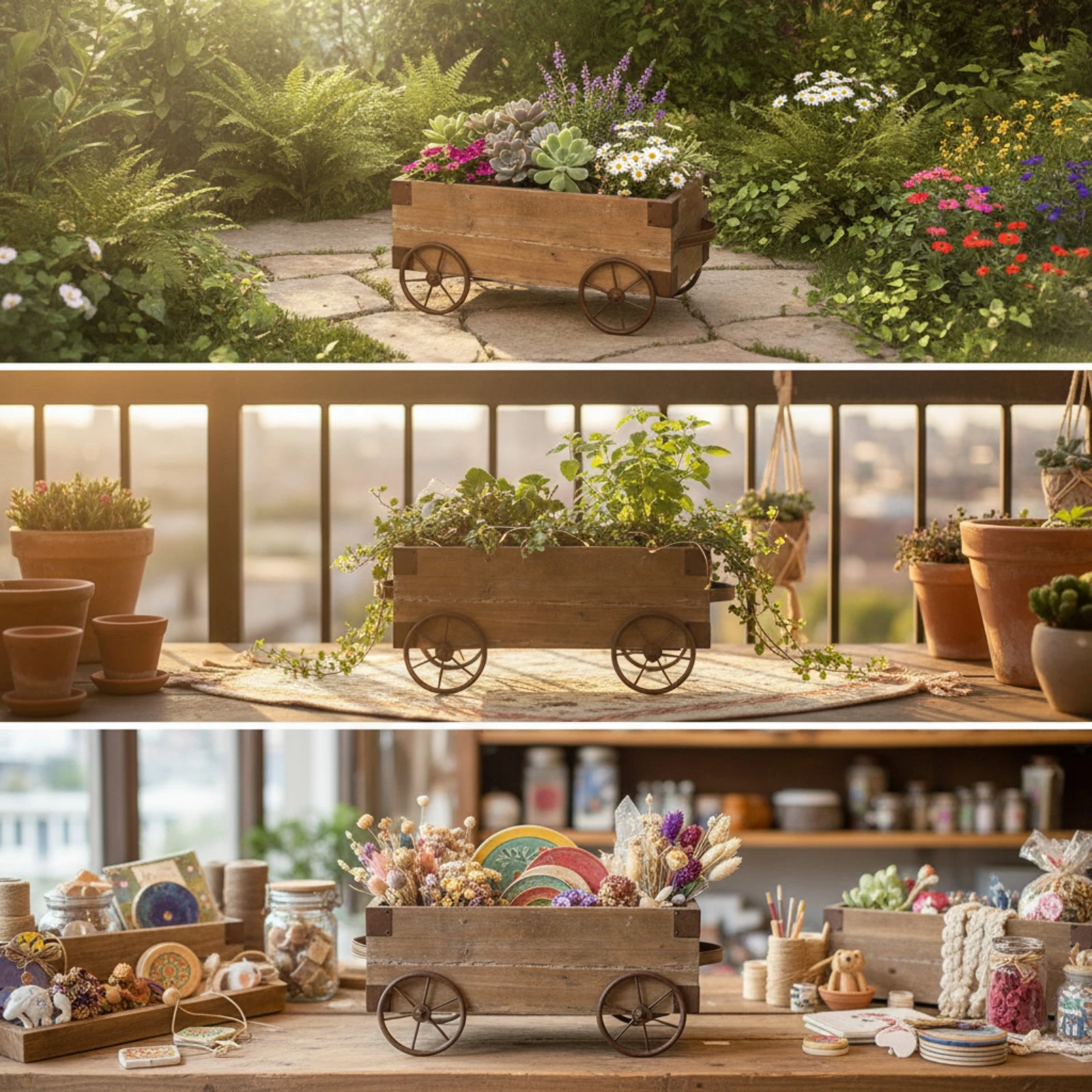 Wooden Wagon Planter Solid Wood Flower Cart with Wheels Cart Planter Sturdy Multi-Purpose for Home Decorators, Patio, Tabletop