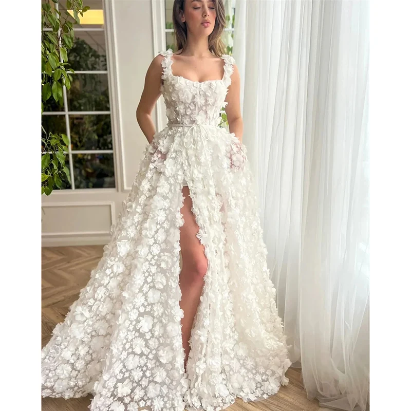 

Romantic 3D Floral Wedding Dresses for Dreamy Wedding Party Dress Square Neck High Slit Evening Dress A-line White Tulle Dress