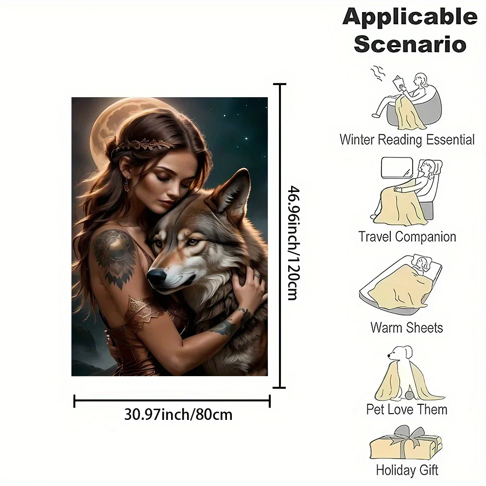 Boho Wolf Woman Portrait Art Throw Blanket Cozy Decorative Bedspread Sofa Throw Gift for Fantasy Lovers