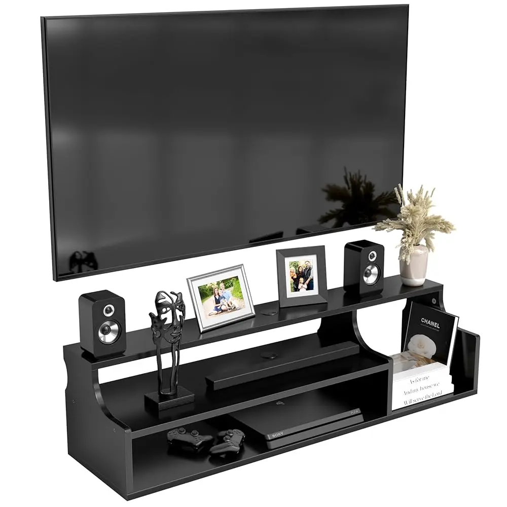 

Floating Tv Stand, 3 Tier Floating Entertainment Center, 43"" Floating Tv Stand Wall Mounted, Floating Tv Shelf, Bla Under Tv