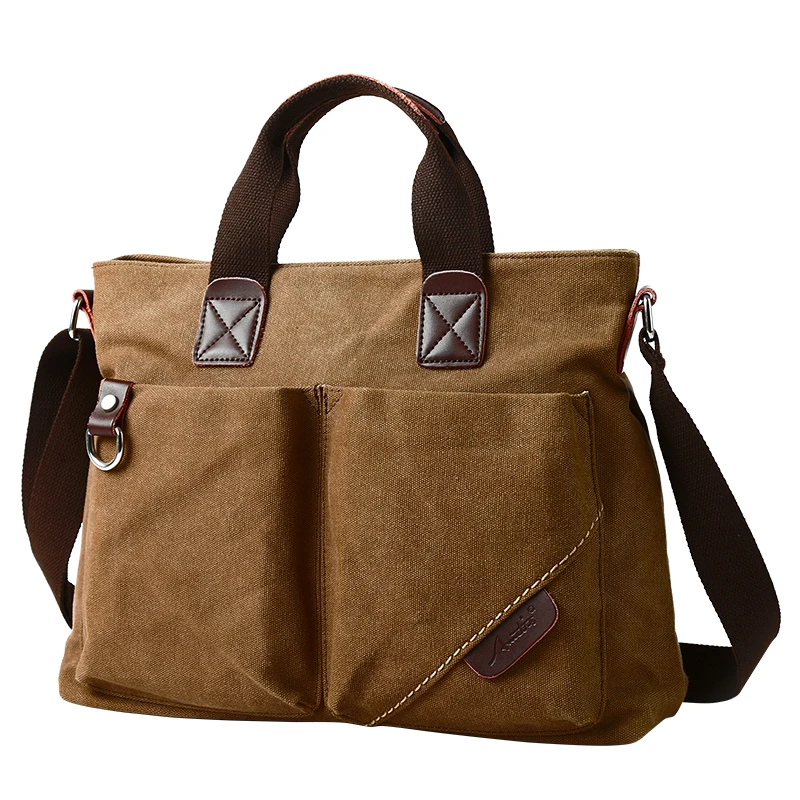 Canvas Heren Handtas 14 Inch Laptop Aktetas Vintage Effen Kleur Schoudertas Grote Capaciteit Zakelijke Retro Messenger Bags