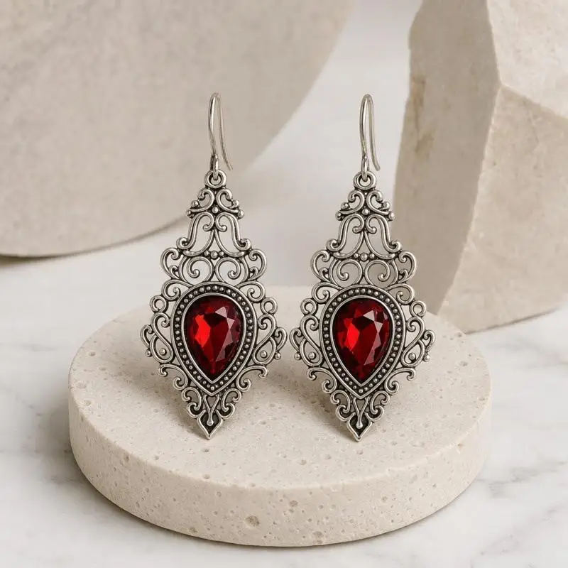 Gothic Victoria Sliver Color Filigree Scroll Imitation Gemstone Pendant Dangle Earrings For Women Wedding Jewelry