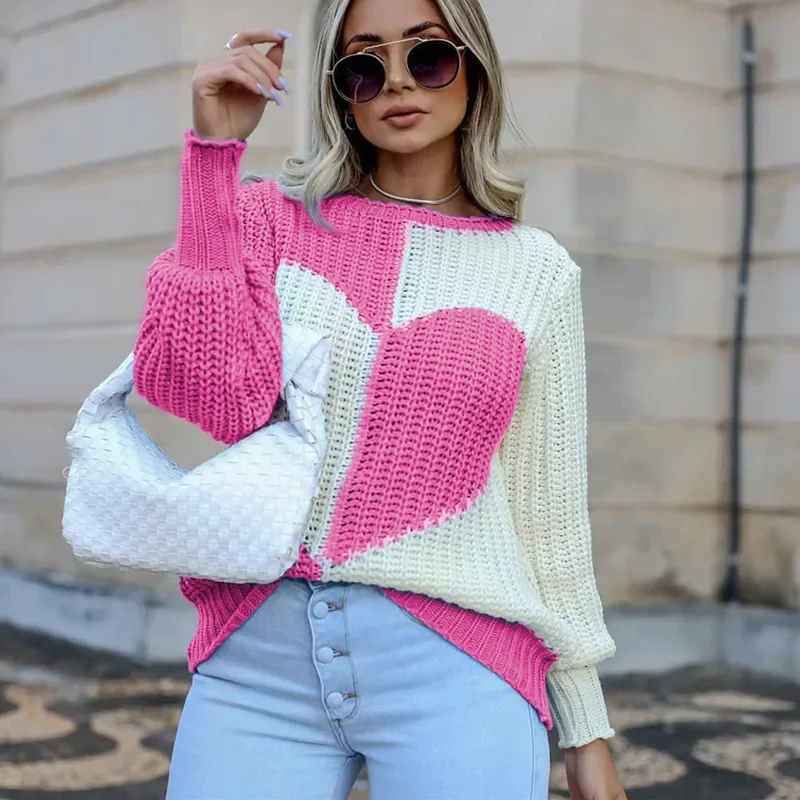 Ladies Elegant Flare Sleeve Love Contrast Color Knitted Sweater Round Neck Cotton Casual  Patchwork Thick Winter Women Outfits