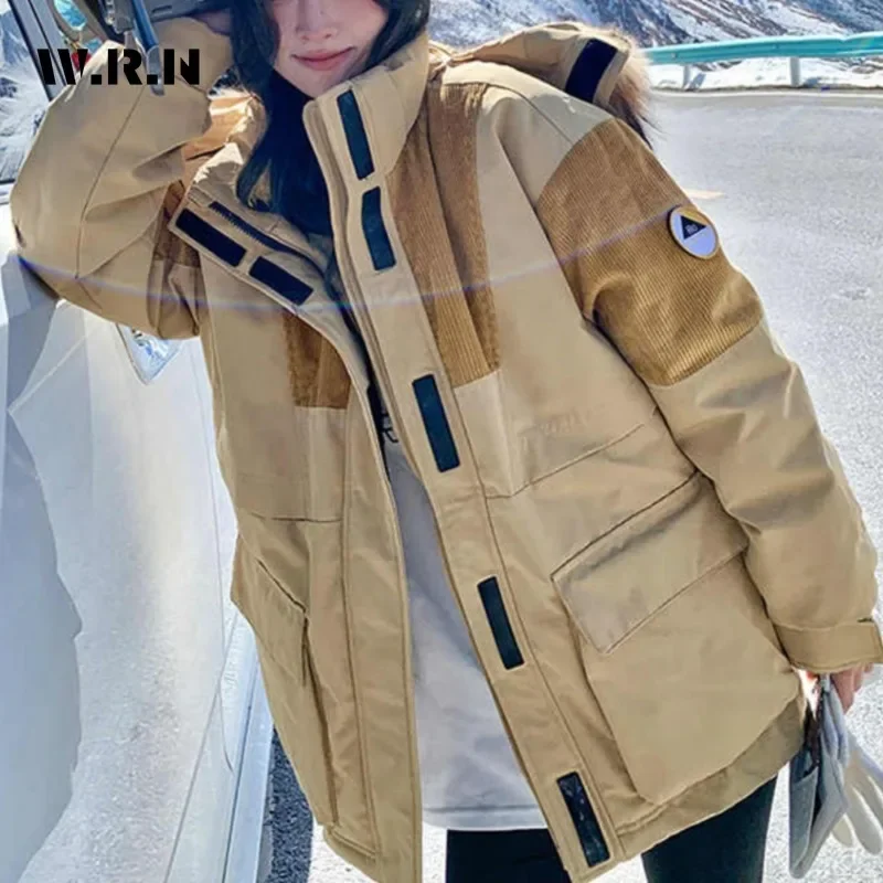 Women Casual Sweet Long Sleeve Patchwork Parkas 2024 Winter Vintage Pockets Outerwear Jacket Warm Hooded Tassels Thick Coat