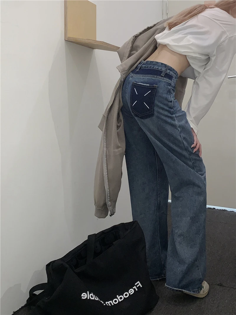 FINEWORDS Vintage Casual Wide Leg Jeans For Women Back Pocket Printed Casual High Waist Jeans Punk Easymatch Straight Jeans