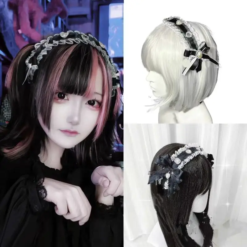 

Gothic Black White Lace Love Headband Bow Hairband Lolita Headwear for Women Masquerade Cosplay Party Dark Fairy Accessories