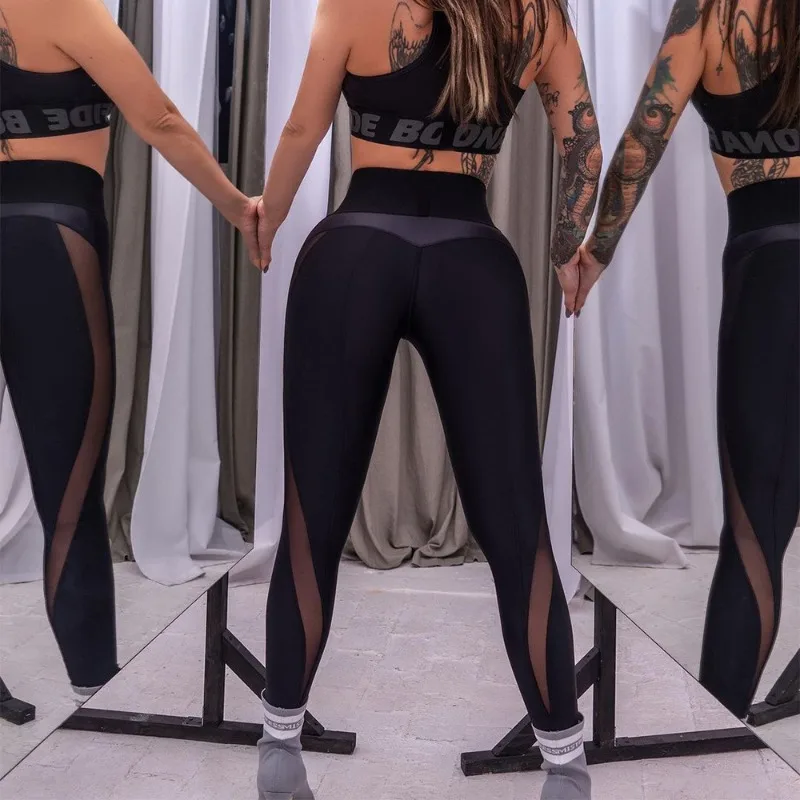 Women's High Waisted Sexy Mesh Panels Yoga Leggings Gym Workout Running Leggings Breathable Fashion Slim Elastic Leggings