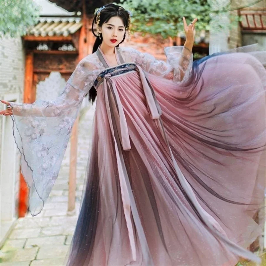 Gaun Hanfu wanita gaun Cosplay peri tradisional Cina gaun dansa Hanfu kuno bintang merah muda & biru gradien