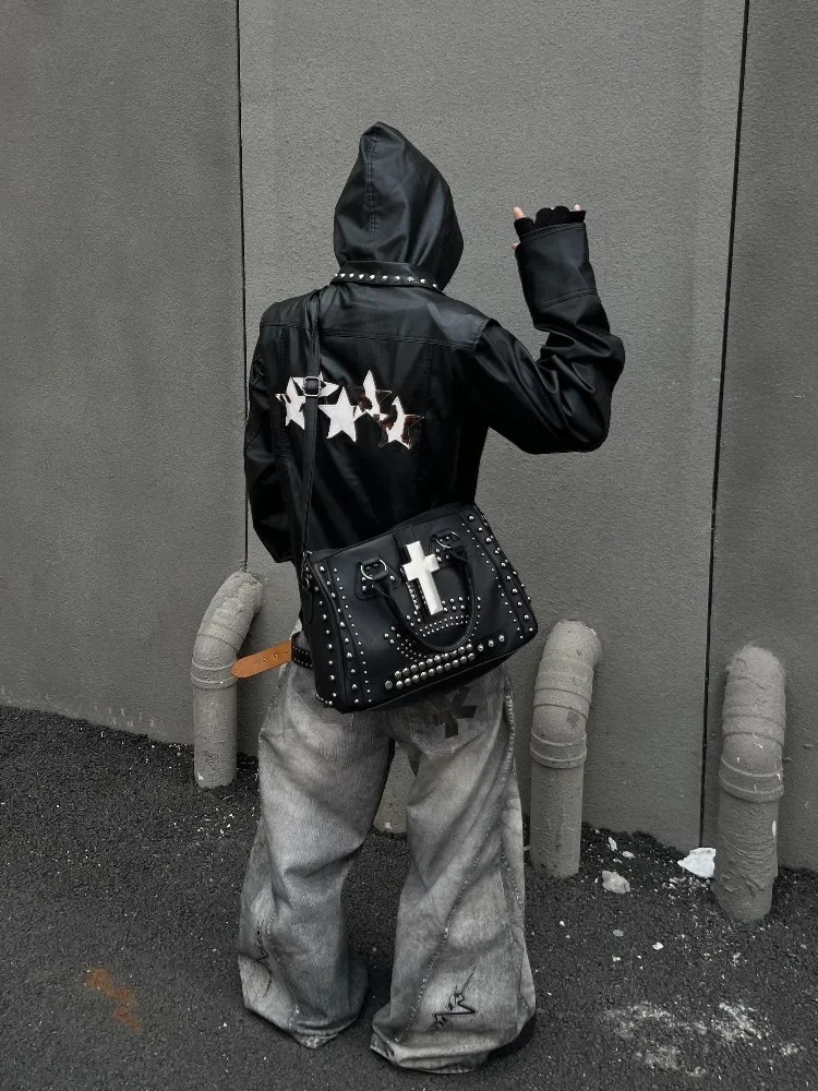 Yabi Sweet Cool Messenger Bag Original Y2K Black Cross Rivet American Punk Retro Handbag