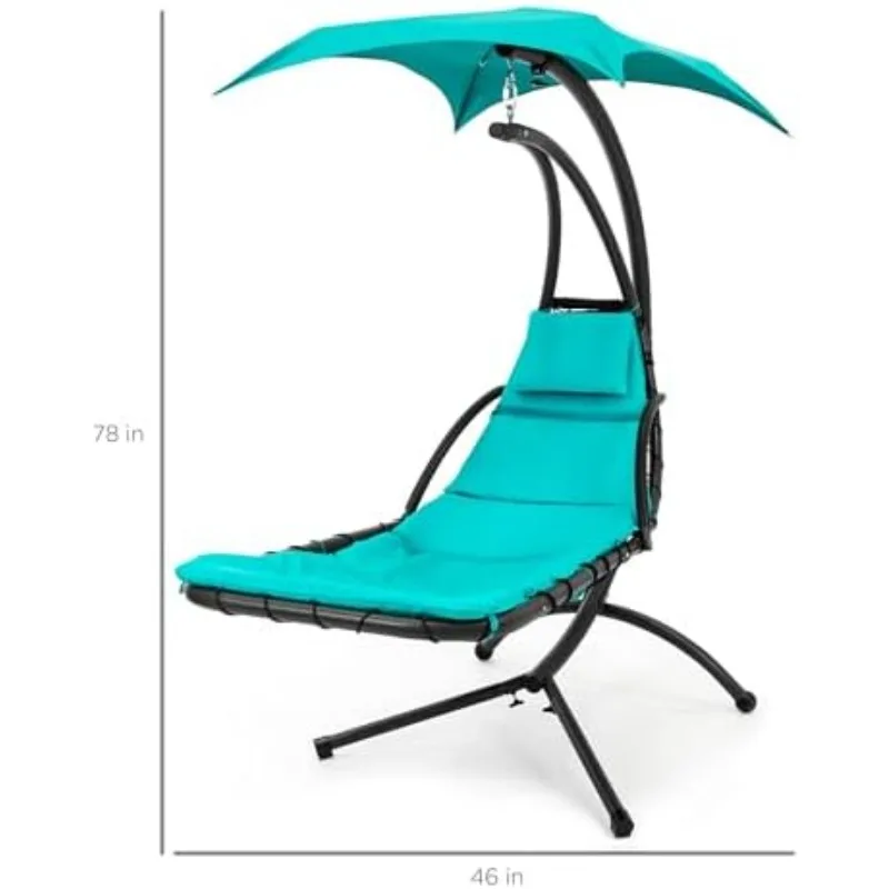 Outdoor Hanging Curved Steel Chaise Lounge Chair Swing w/Built-in Pillow and Removable Canopy - Teal