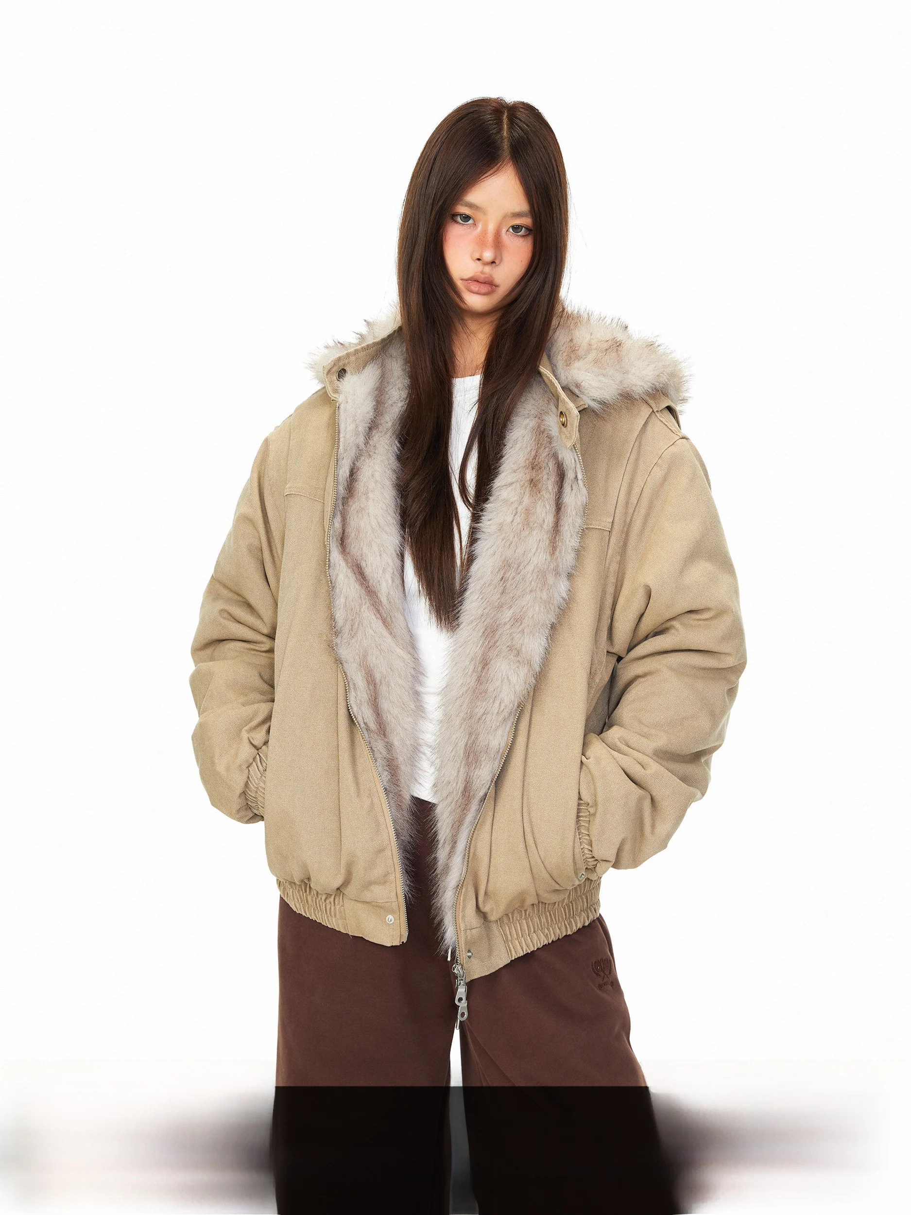 

Blabb Detachable Hat Cotton Jaet American Retro Loose Fur Collar Fce Lined Thiened Parka Coat Outerwear