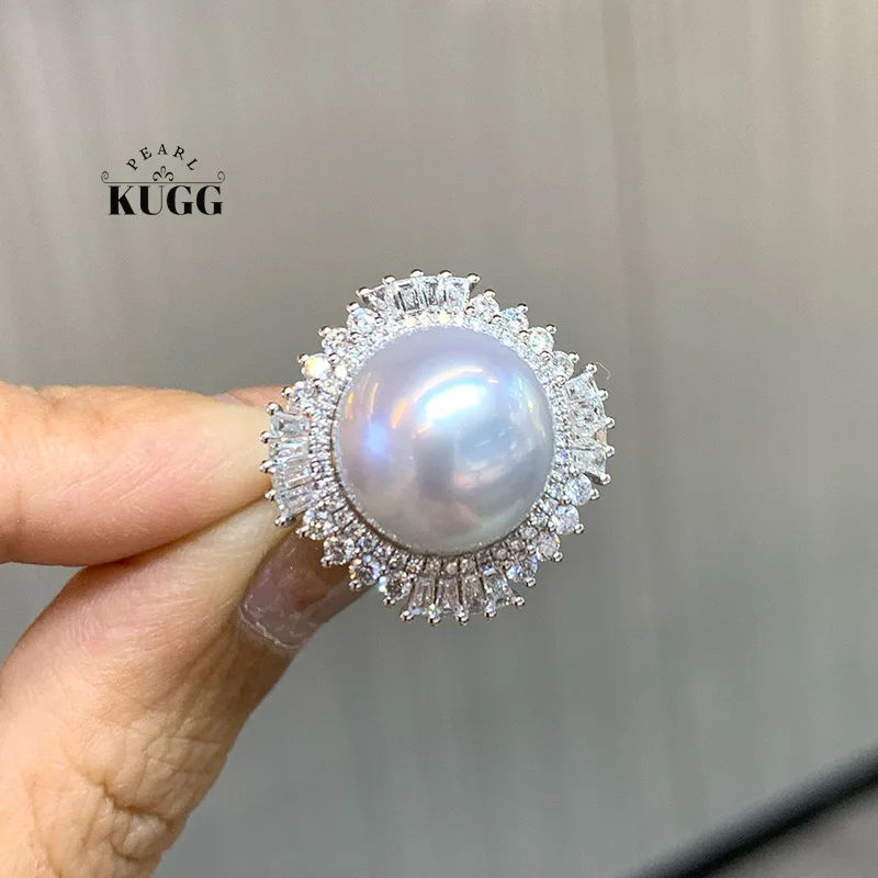 KUGG PEARL 18K White Gold Ring Luxury Elegant Style 13-14mm Natural Australian South Pearl Ring for Women