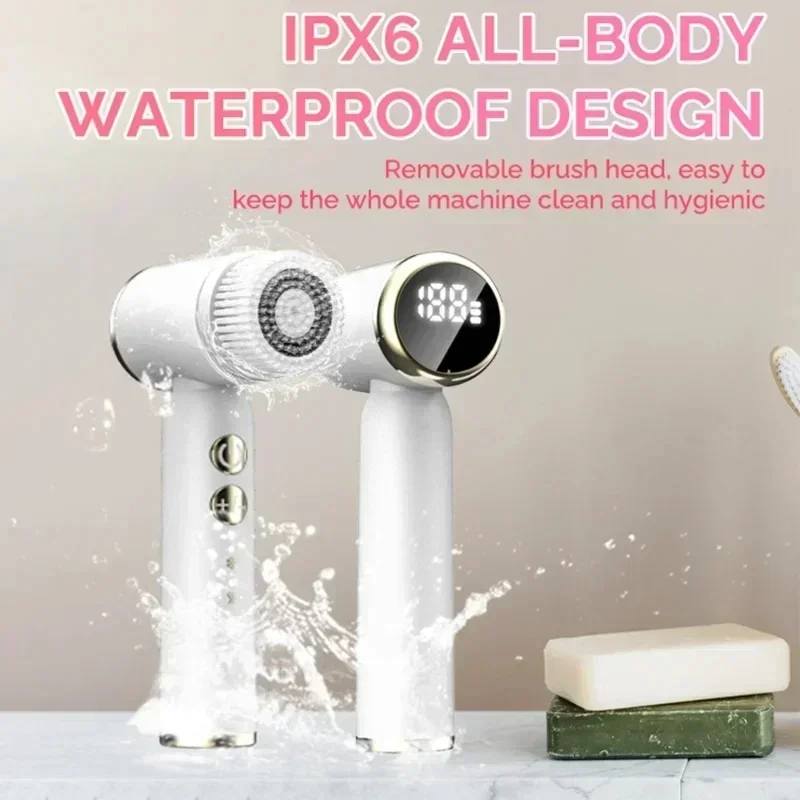 Escova elétrica de limpeza facial 6 em 1, silicone, limpeza facial, display led, escova de lavagem facial, limpador de poros com cravos