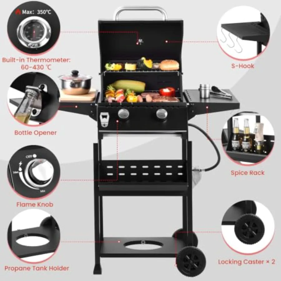 2-Burner Propane Gas Grill with Side Burner, Lid and Hooks for outdoor cooking, stainless steel, black, durable and portable