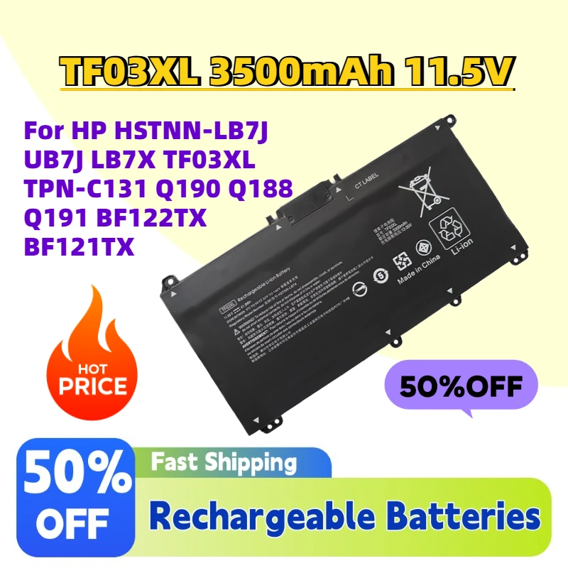 Batería de Alta Calidad para Portátil TF03XL de 3500 mAh y 11.5 V para HP HSTNN-LB7J UB7J LB7X TF03XL TPN-C131 Q190 Q188 Q191 BF122TX BF121TX