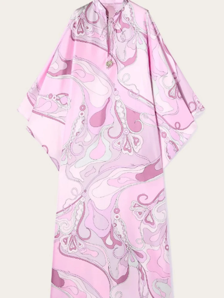 Abito da festa ampio con stampa modello elegante da donna Abito bohémien con lacci sexy con scollo a V Abiti lunghi in raso cavo a vita alta