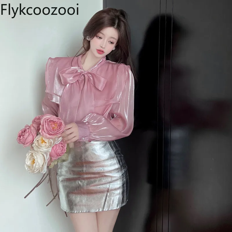 Super Fairy Design Sense Small Fashion Bow Double Doll Collar Blouse + Silver Wrap Hip Skirt Roupas Femininas Conjuntos